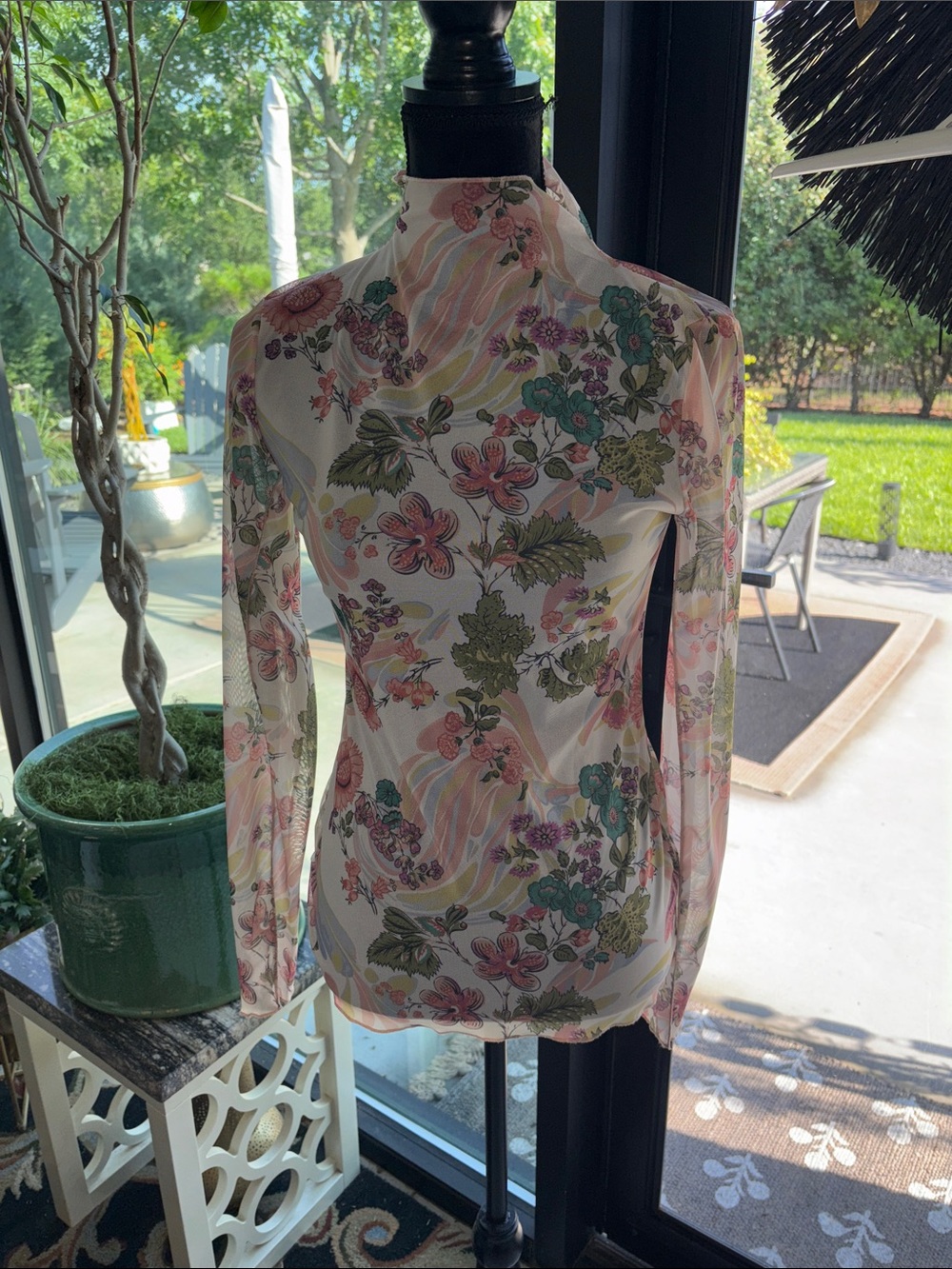 Anthropologie Sheer Floral Print Long-Sleeve Mock Neck Top - Pink Green